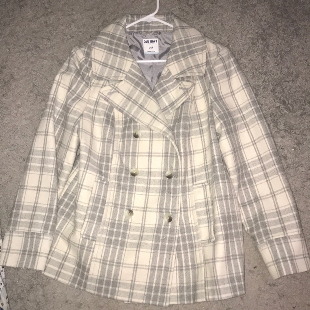White and gray pea coat